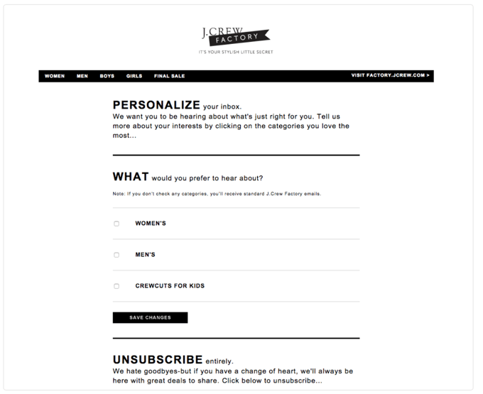 How to Get People to Subscribe to Your Email: JCrew Unsubscribe Page